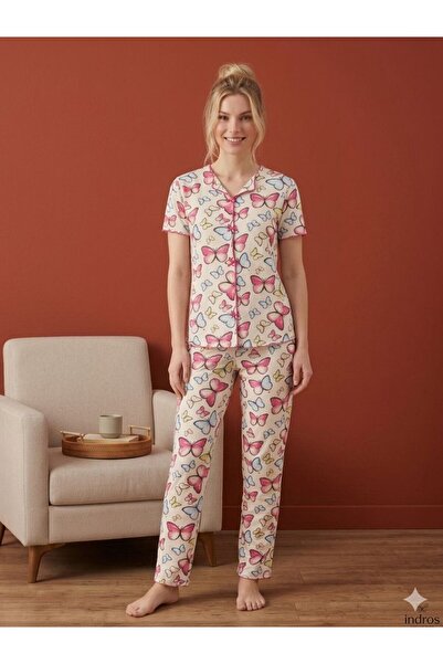 PİJALİNA Γυναικείο Σετ με Κοντό Μανίκι και Μακρύ Σχέδιο Πεταλούδας