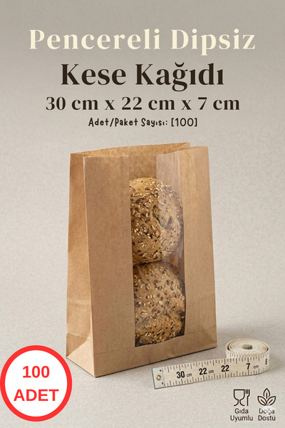 Lina Ticaret Pazarlama Pencereli Dipsiz Kese Kağıdı 30x22x7 cm - 100 Adet - G...
