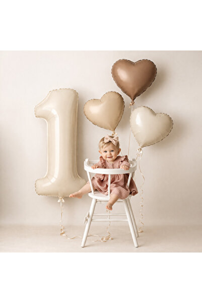 eğlencemarketi 1 Yaş Balon Seti Krem Kahve Tonları – 1 Rakam Folyo + 3 Kalp F...