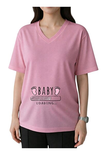 DM DOLCE MORE Μπλουζάκι εγκύων με στάμπα μωρού, ροζ σχέδιο ποδιών, λαιμόκοψη ...