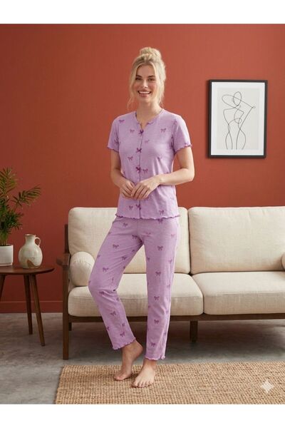 PİJALİNA Γυναικείο Σετ με Κοντά Μανίκια και Μακρύ Εμπριμέ Σχέδιο