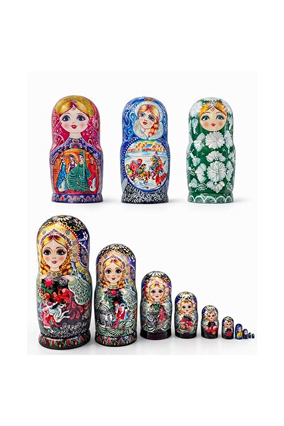 Store 10’lu Ahşap Matruşka Seti El Boyaması Dekoratif Rus Bebek Seti Büyük Bo...