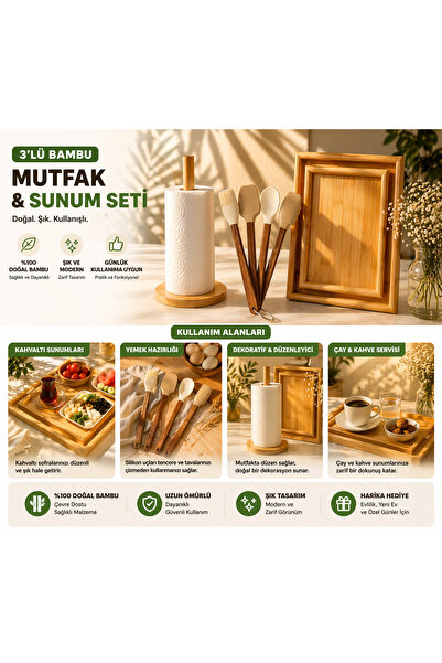 ELMİRA HOME 3’lü Bambu Mutfak & Sunum Seti | Kahvaltı Tepsisi + Silikon Servi...