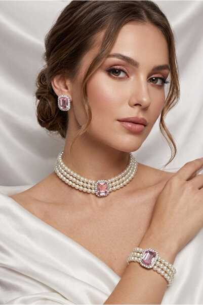 Happyline İncili pembe baget taşlı gümüş kaplama inci choker kolye tasarım şı...