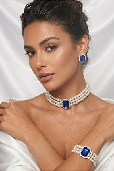 Happyline İncili saks mavi baget taşlı gümüş kaplama inci choker kolye tasarı...