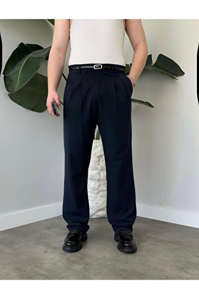 MODAMESTO Ανδρικό παντελόνι από ύφασμα με πιέτες σε σκούρο μπλε χρώμα, άνετη ...