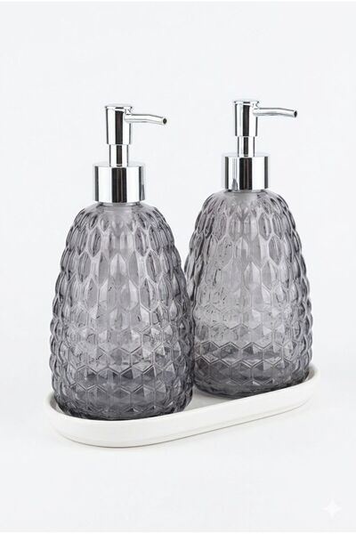 ANGDESİGN Royal Sıvı Sabunluk 2.li Standlı Füme-Krom / Beyaz Taban • Lavabo Banyo Mutfak Tezgah Üzeri Şıklık Cam Sabunluk Sıvı Sabun Dispenseri Sabun Pompası Mutfak Sıvı Sabunluğu Cam Deterjanlık Dekoratif