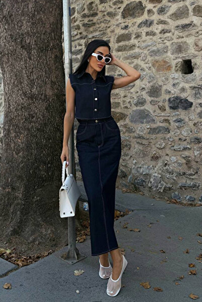 Ortaya Çık Σετ πουκάμισο και μολυβιόσχημη φούστα σε ναυτικό μπλε με ραφές σε ...