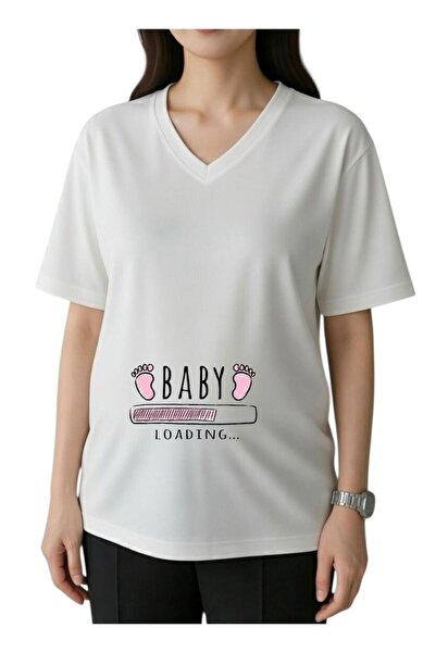 BENROMA Μπλουζάκι εγκύων με στάμπα μωρού, ροζ σχέδιο ποδιών, λαιμόκοψη V, ove...