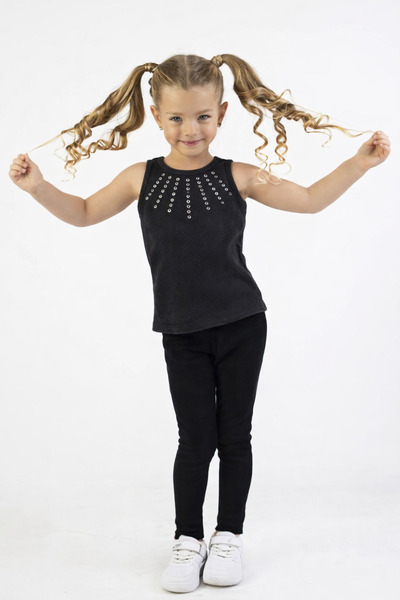 Generic Brand Girl's Anthracite Washed Stone Detailed Athlete Blouse with Cotton Straps Stylish Top