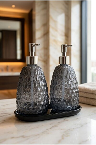 ANGDESİGN Royal Sıvı Sabunluk 2.li Standlı Füme-Krom / Siyah Taban • Banyo Mu...