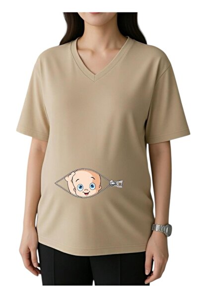 BENROMA Μπλουζάκι εγκυμοσύνης με φερμουάρ, στάμπα μωρού, λαιμόκοψη V, oversiz...