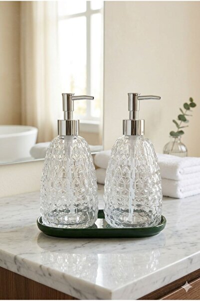 ANGDESİGN Royal Sıvı Sabunluk 2.li Standlı Şeffaf-Krom Yeşil Taban • Banyo Mu...