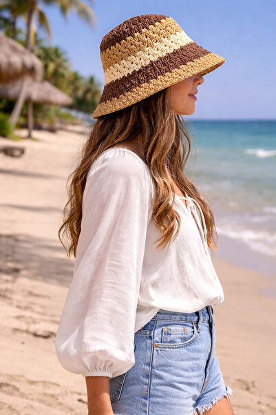 laviyonsa Knitted Straw Patterned Bucket Straw Hat