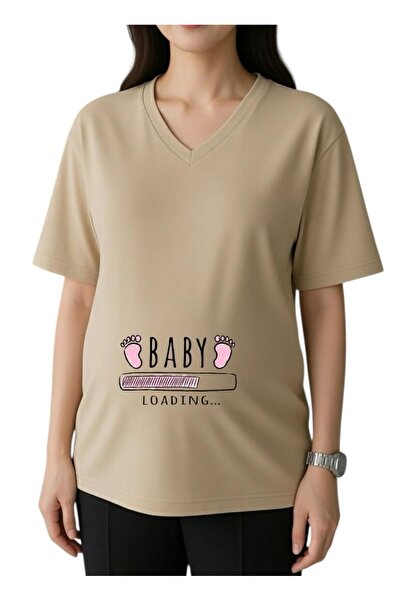 BENROMA Μπλουζάκι εγκύων με στάμπα μωρού, ροζ σχέδιο ποδιών, λαιμόκοψη V, ove...