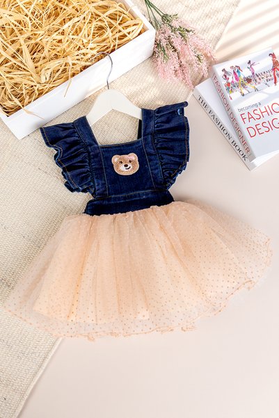 Babymod Teddy Bear Embroidered Tulle Skirt Baby Girl Dress Denim Gilet
