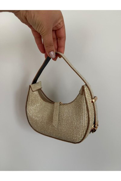 melecco Women's Silvery Mini Shoulder Bag with Straw Texture – Stylish Daily Handbag – Zippered, Lightweight, Trendy Design