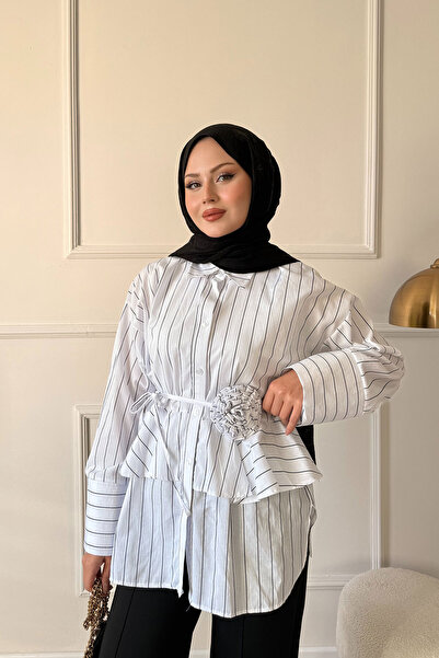 LOCCO Γυναικείο ριγέ πουκάμισο με κορδόνι στη μέση και δέσιμο στη μέση, λευκό