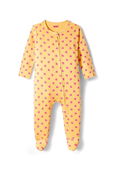 Babyhug Knit Full Sleeves Footed Sleepsuit With Heart Print - Yellow