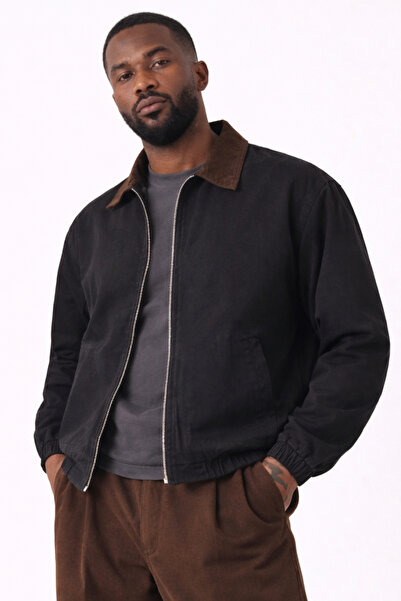 Gizrain Ανδρικό μαύρο μπουφάν Gabardine Oversize με καφέ λεπτομέρεια στο γιακ...