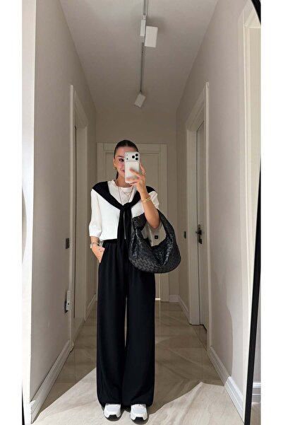 solena sln Γυναικείο Σετ Παντελονιού με Λεπτομέρεια Μαύρου Φουλαριού