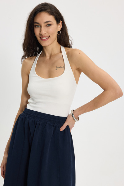 Tudors Camisole din bumbac, slim fit, cu guler halter, pentru femei, ecru crop