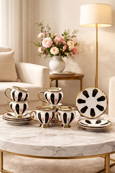 Perotti 16993-1 Otto Altın Yaldızlı Porselen 6 Kişilik Fincan Seti 12 Parça T...