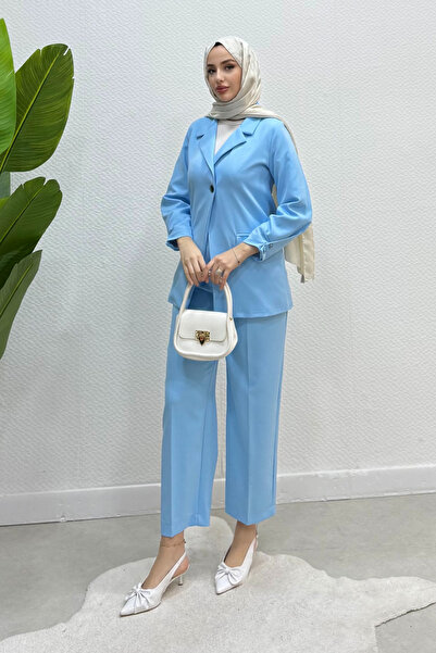 Tesettür Diyarı Γυναικείο Σετ Μπλέιζερ Παντελόνι με Χιτζάμπ - Μπλε