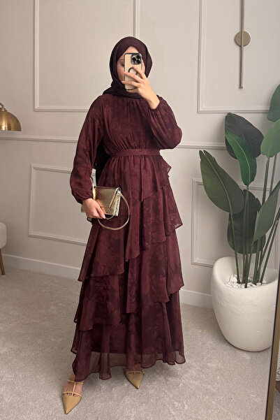 LOCCO Γυναικείο φόρεμα σιφόν με γιακά και δέσιμο στη μέση, σε βαρύτερο μπορντό