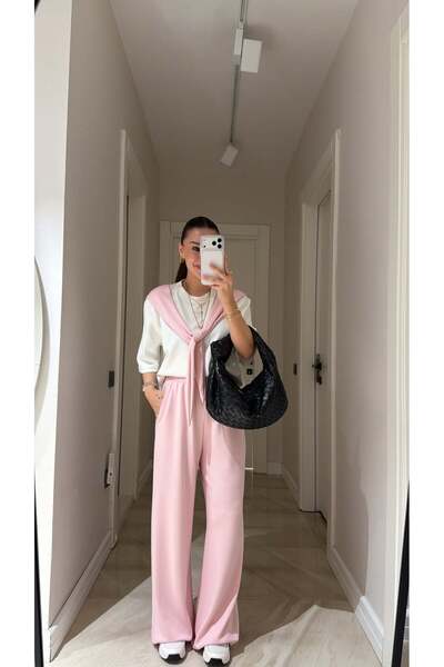 khar Women's Pink Scarf Detailed Pants Set