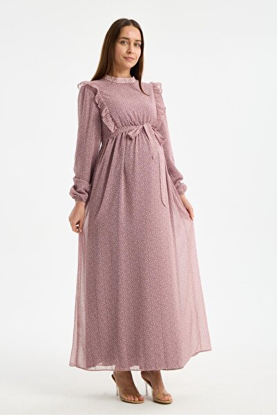 Işşıl M0024-Hakim Yaka Mini Leopar Desen Hamile Maxi Şifon Elbise