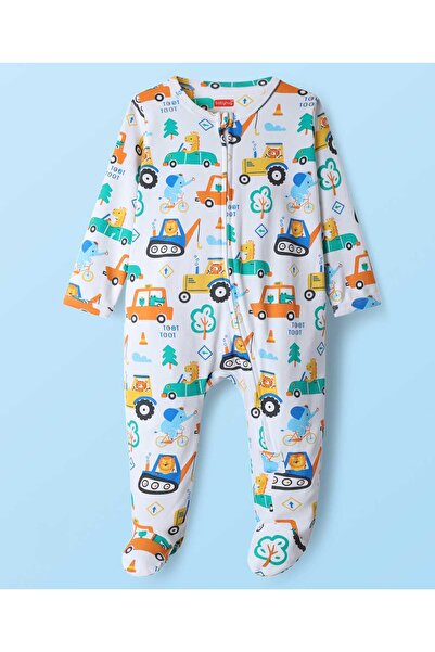 Babyhug بدلة نوم محبوكة بأكمام كاملة ومفتوحة من الأمام مع طباعة مركبات وحيوان...