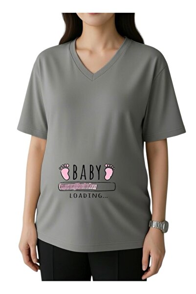 DM DOLCE MORE Μπλουζάκι εγκύων με στάμπα μωρού, ροζ σχέδιο ποδιών, λαιμόκοψη ...