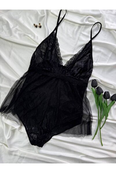 ROZENİN LINGERIE Büyük Beden Siyah Dantel Tül Detaylı Çıtçıtlı Bodysuit Babyd...