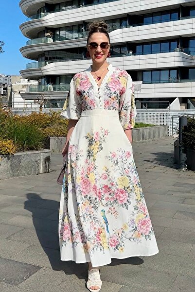 BRGCLOTHING KETEN ÇİÇEKLİ BALON KOL MAXİ ELBİSE