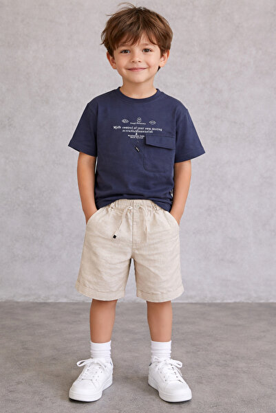 kr kids Boy's Pocket Printed T-Shirt & Shorts Set (Navy Blue-Beige)