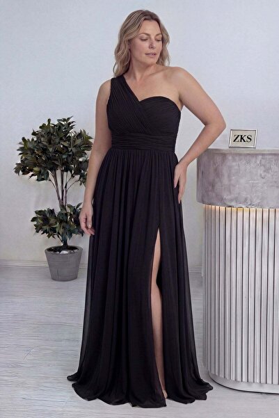 zks grup tekstil Women's Plus Size One-Shoulder Draped Slit Long Flared Eveni...