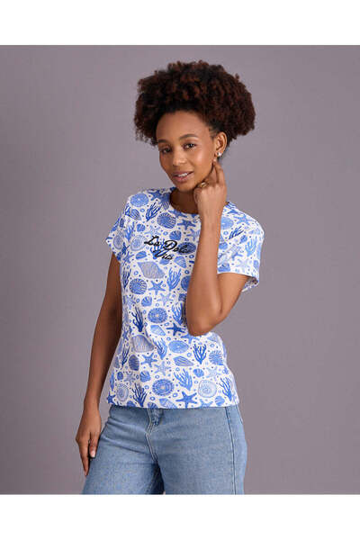 REDTAG Senior Girls Blue Printed T-Shirt