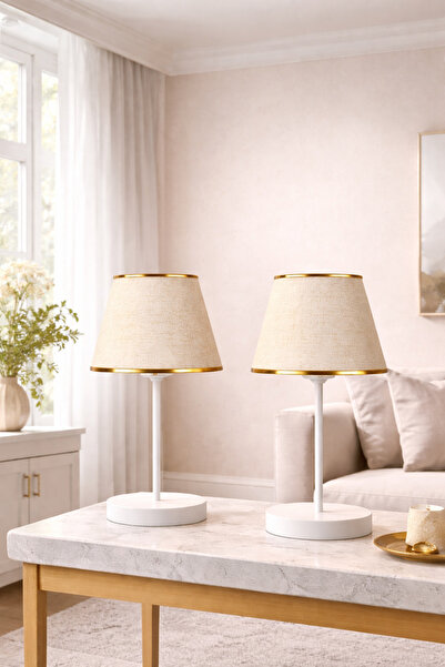 Eslight Soleva 2'li Modern Dekoratif Kırçıllı Bej Kumaş Şapkalı Masa Lambası ...