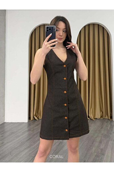 Coral Front Buttoned Sleeveless Denim Dress 11723 Coffee