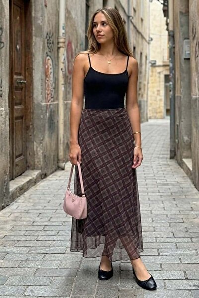 Madmext Χακί καρό μοτίβο από τούλι με στρώσεις γυναικεία φούστα MG2708