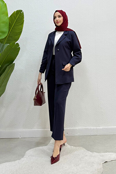 Tesettür Diyarı Γυναικείο Σετ Μπλέιζερ-Παντελόνι με Χιτζάμπ- Ναυτικό Μπλε