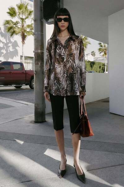 Sateen قميص فضفاض منقوش - بني