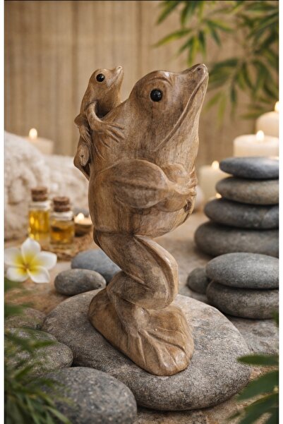 WoodBay Suar Ağacı Ahşap El Yapımı Kurbağa Yavrulu Biblo 25 cm