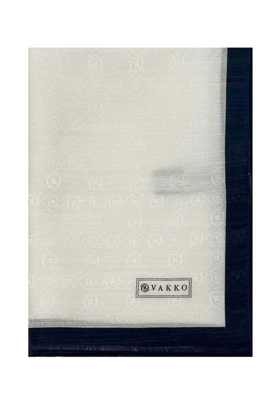 Vakko Cotton Silk Shawl - Striped Hologram - White Navy Blue