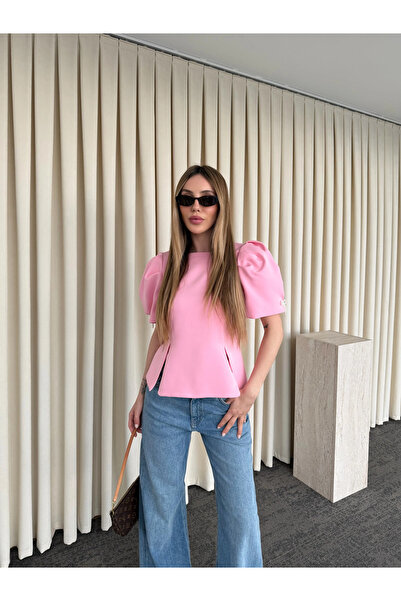 Laluvia Ροζ μπλούζα με λεπτομέρεια από πέρλες και φιόγκο - 5001