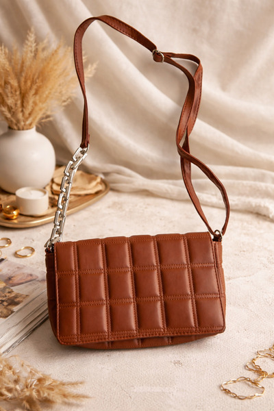 KZNovaStyle Women's Brown Quilted Patterned Chain Detailed Shoulder Bag with ...