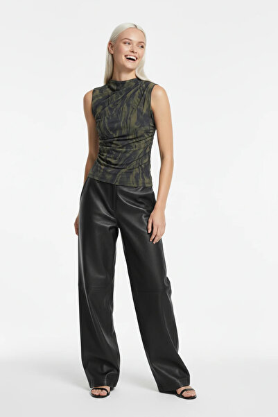 No Matter What Asymmetrical Draped Metered Patterned Sleeveless Tulle Blouse
