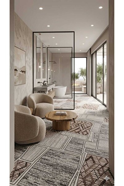 Nesrin MODERN KAHVE GRİ ETNİK DESEN KAYMAZ JEL TABAN HALI