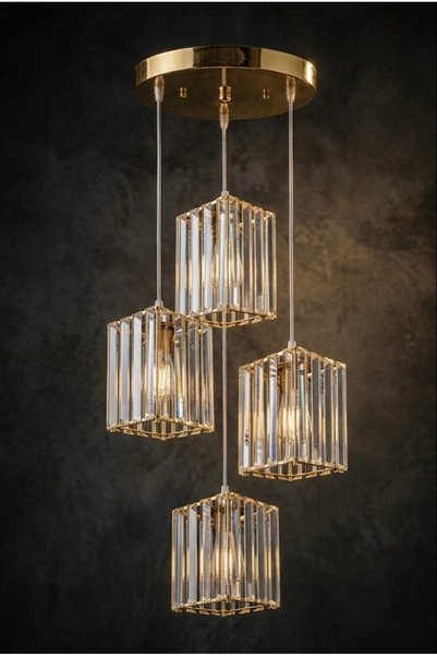 MİRAN HOME Modern Gold Uzun Kristal Taşlı Kare 4’lü Sarkıt Avize